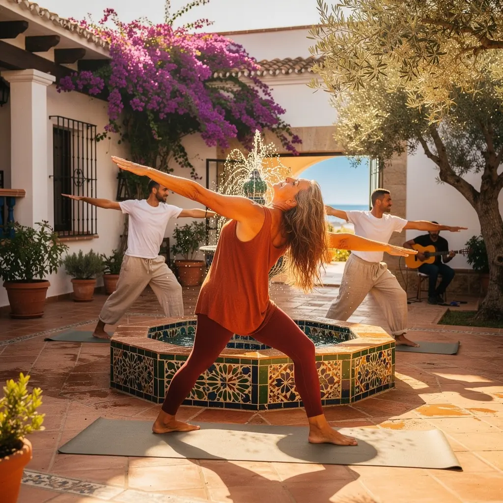 Practicante de yoga en un entorno natural, ejecutando movimientos fluidos entre diferentes posturas.