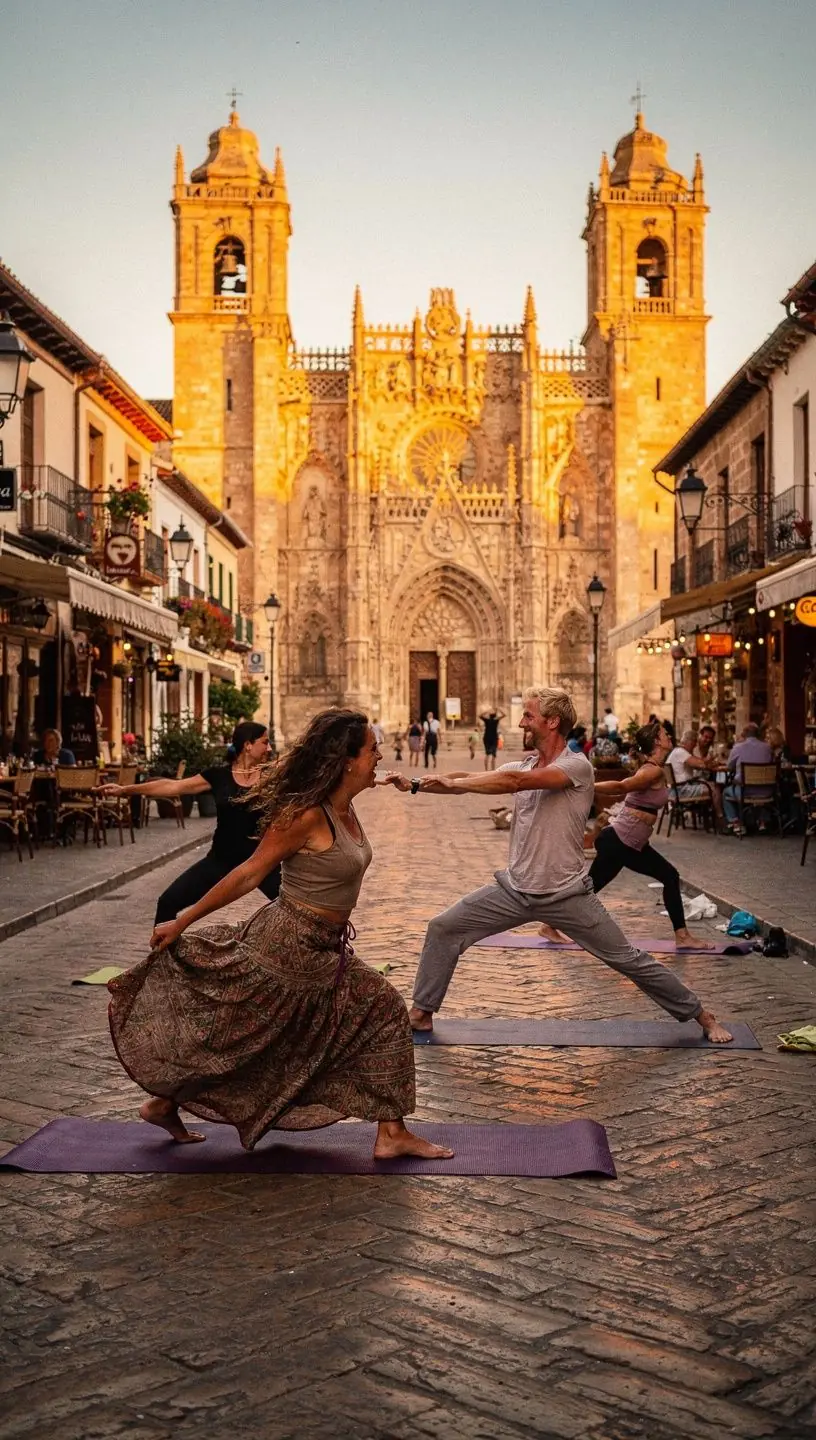 Un grupo de yoguis practicando secuencias de yoga en un estudio luminoso, mostrando movimientos armoniosos y sincronizados.
