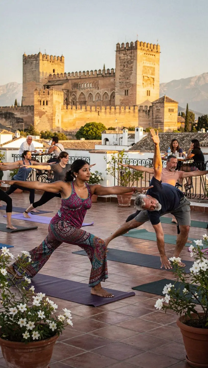 Un grupo de yoguis practicando secuencias de yoga en un estudio luminoso, mostrando movimientos armoniosos y sincronizados.