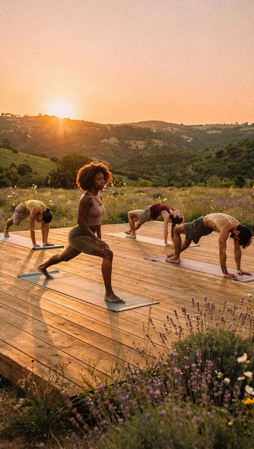 Un grupo de yoguis practicando secuencias de yoga en un estudio luminoso, mostrando movimientos armoniosos y sincronizados.