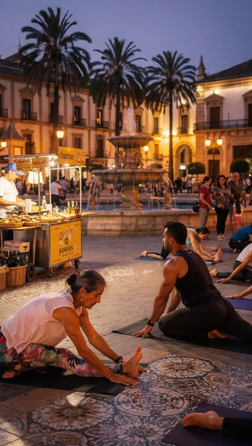 Un grupo de yoguis practicando secuencias de yoga en un estudio luminoso, mostrando movimientos armoniosos y sincronizados.