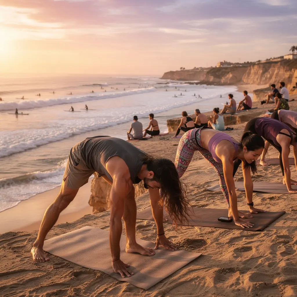 Un grupo de yoguis practicando secuencias de yoga en un estudio luminoso, mostrando movimientos armoniosos y sincronizados.