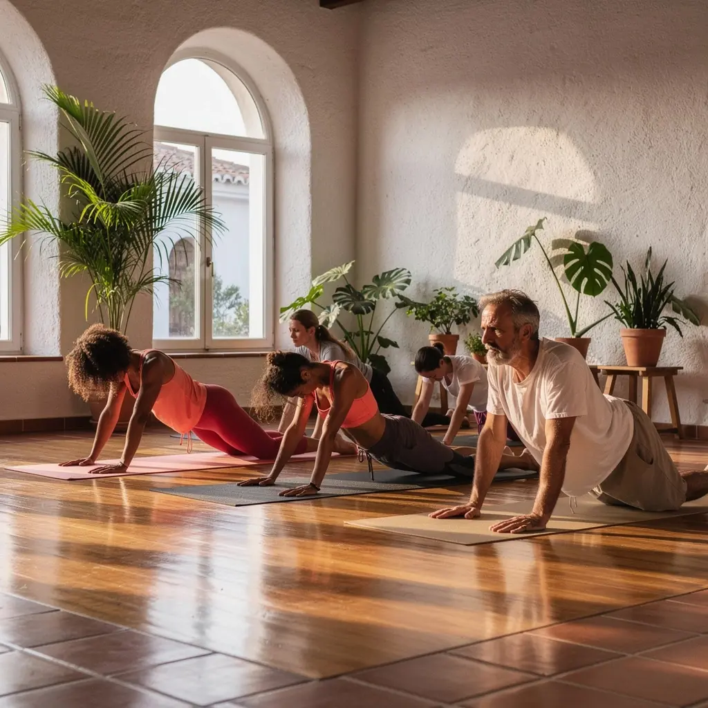 Una mujer realizando una transición fluida entre la postura del guerrero y la postura del árbol en un entorno natural.